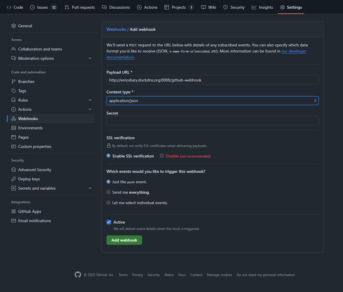Github webhook 설정